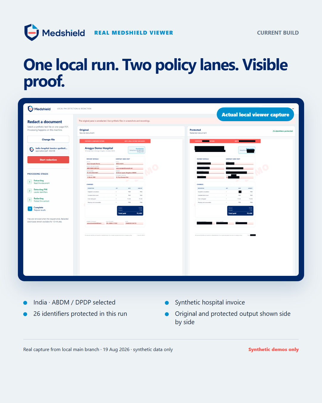 Current Medshield viewer showing a synthetic before-and-after document comparison