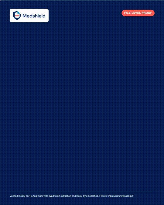 Animated terminal proof comparing live PDF text and bytes before and after protection